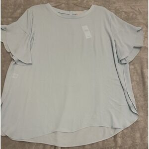 Loft Top XL Blue Layered Petal Sleeves Soft Back Button Keyhole Shirtail hem NWT